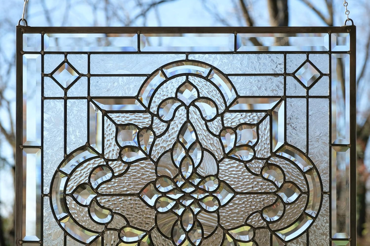 Stunning All Clear Stained Glass and Beveled Window Panel, 24"x 24"