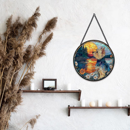 Yorkshire Flower Suncatcher Stained Glass Window Hanging, Yorkshire Gifts Sun Catchers Indoor Window Glass Wall Art Decor, Dog Round Wall Hanging Decorations, 7.9x7.9 inch