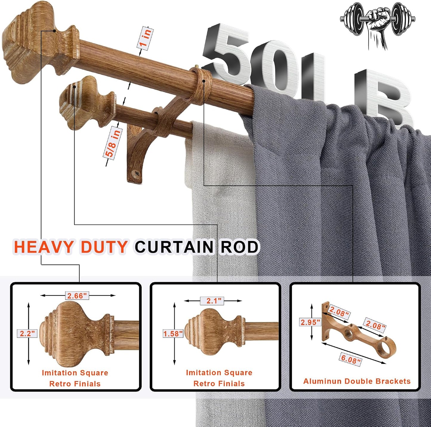 Double Curtain Rods for Windows 36 to 72 Inches, Heavy Duty Double Curtain Rod with Square Retro Finials and Double Aluminum Bracket, Adjustable Double Rod for Curtains,Light Wood Grain
