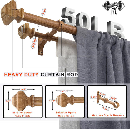 Double Curtain Rods for Windows 36 to 72 Inches, Heavy Duty Double Curtain Rod with Square Retro Finials and Double Aluminum Bracket, Adjustable Double Rod for Curtains,Light Wood Grain