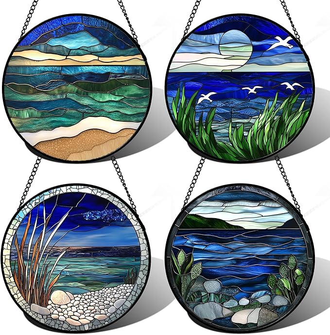 AMDERVEN Stained Glass Window Hanging 4 Pcs Set Navy Blue Ocean Landscape 7.8" by amderven