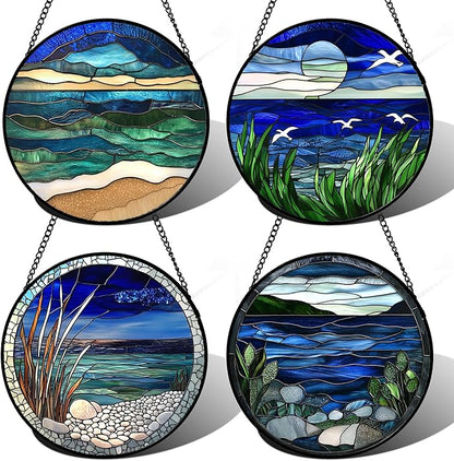 AMDERVEN Stained Glass Window Hanging 4 Pcs Set Navy Blue Ocean Landscape 7.8" by amderven