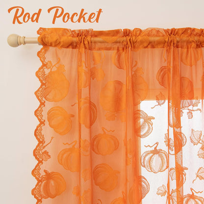 Fall Lace Curtains 84 Inches Long for Living Room Thanksgiving | Holiday Decoration Burnt Orange Sheer, Weave Harvest Pumpkin Design, Rod Pocket, Country Rustic, 54 x 84 Inch 2 Panels