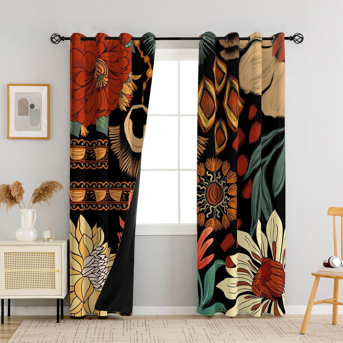 Tyrot Black Floral 100% Blackout Curtains for Bedroom, 52W x 84L,2 Panels | Colorful Botanical, Energy-Saving Thermal Insulation, Light Blocking, Room-Darkening Privacy, Easy Grommet Drapes
