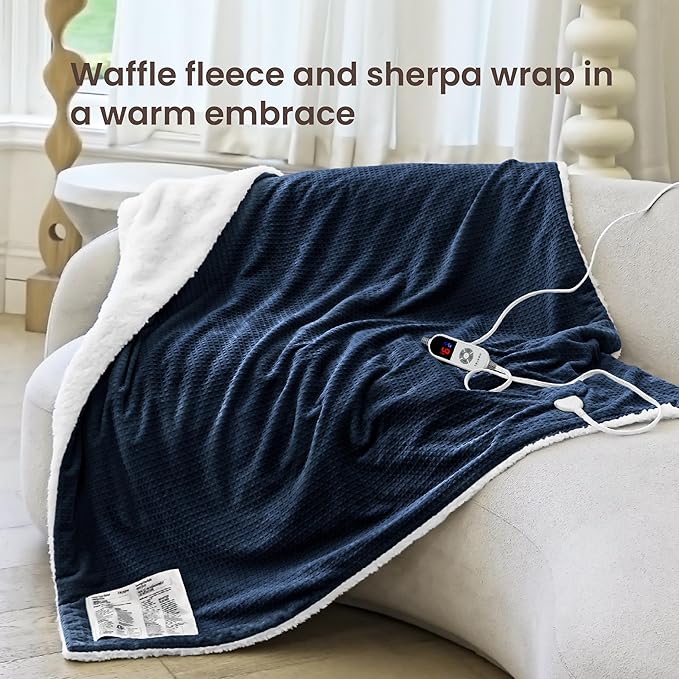 Heated Blanket Electric Blanket Twin Waffle, 62x84 Inches Sherpa Fleece Fast - Image 2