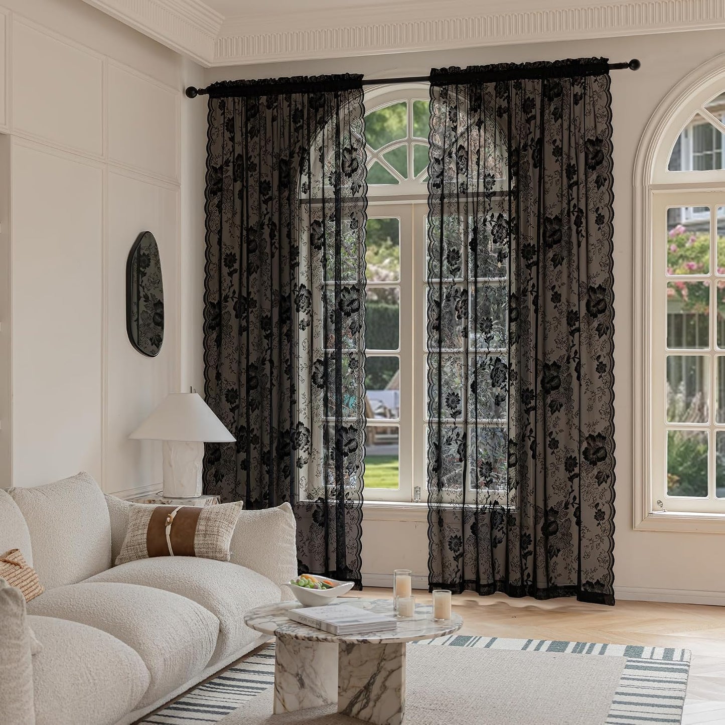 Black Lace Curtains 84 Inch Long Vintage Floral Sheer Drapes | for Living Room & Bedroom - Gothic Style Decor Light Filtering Scalloped Edges Curtains with Rod Pocket - 2 Panels, 55 x 84