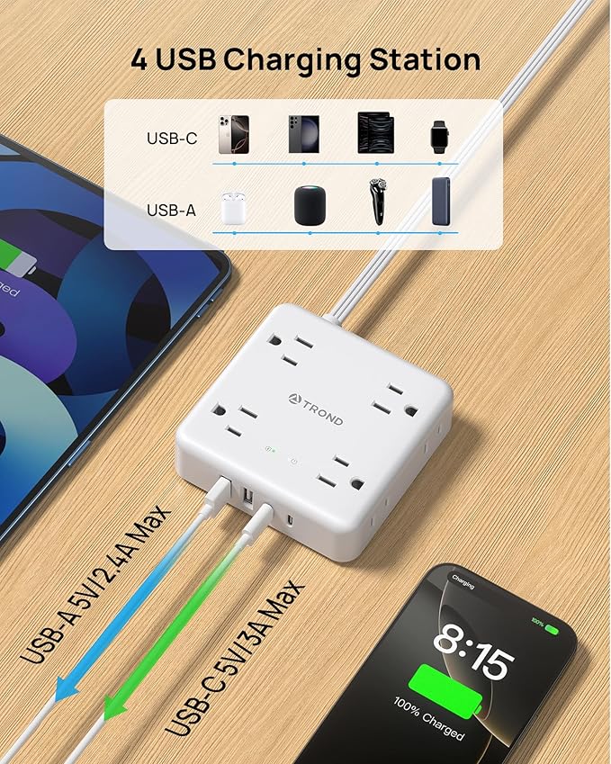 TROND 360° Rotating Flat Plug Power Strip, 10FT Flat Extension Cord - Image 4