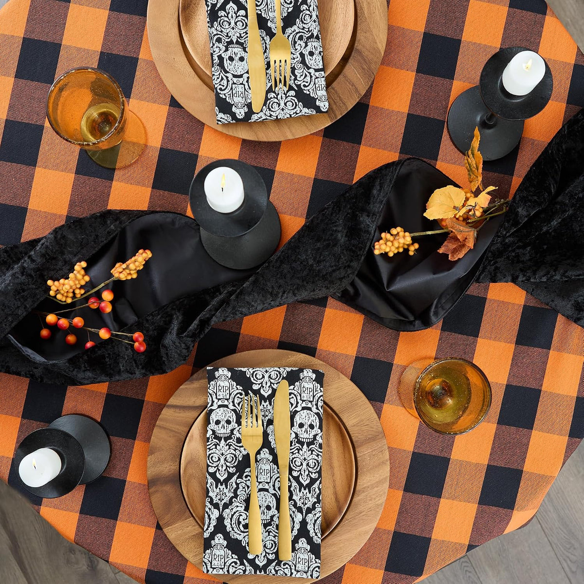 DII Halloween Tablecloth, 70 Inch Round, Orange & Black Buffalo Check Plaid