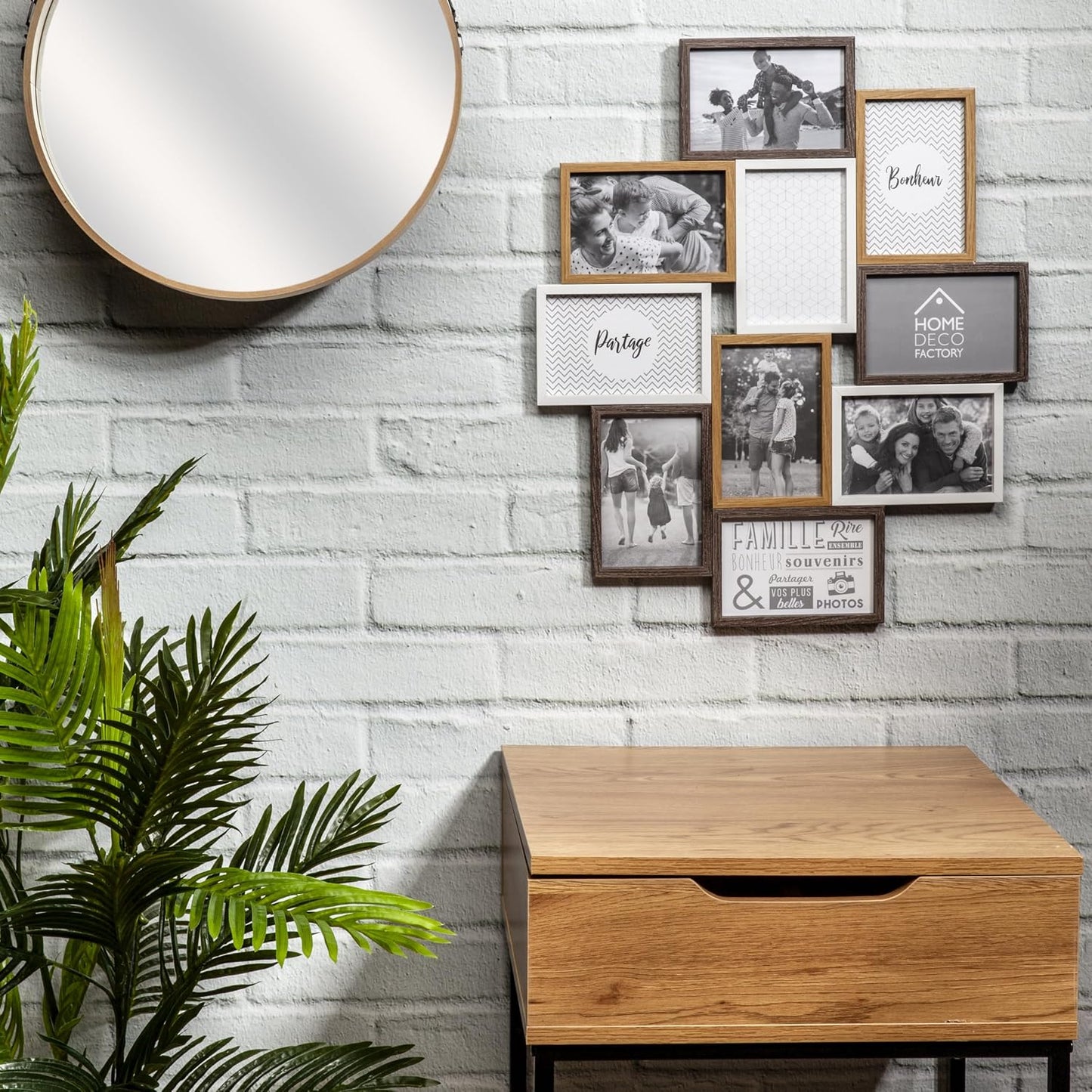 HOME DECO FACTORY - HD4213 – Multi-Photo Frame for 10 Photos Wood and White Souvenir Decoration – Beige Brown