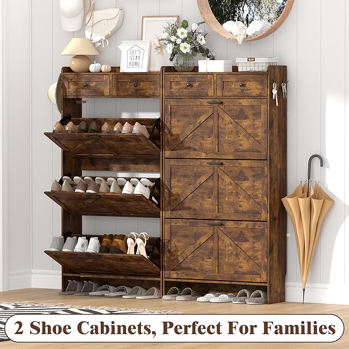 Shoe Cabinet with 3 Flip Drawers & 2 Storage Drawers, Rustic Farmhouse Narrow - Image 9