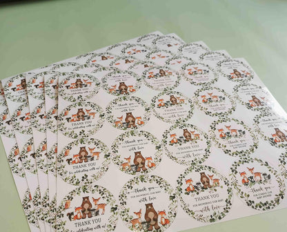 80 Woodland Thank You Favor Stickers, 2" Forest Animals Baby Shower Sticker | Woodland Baby Shower Party Decorations