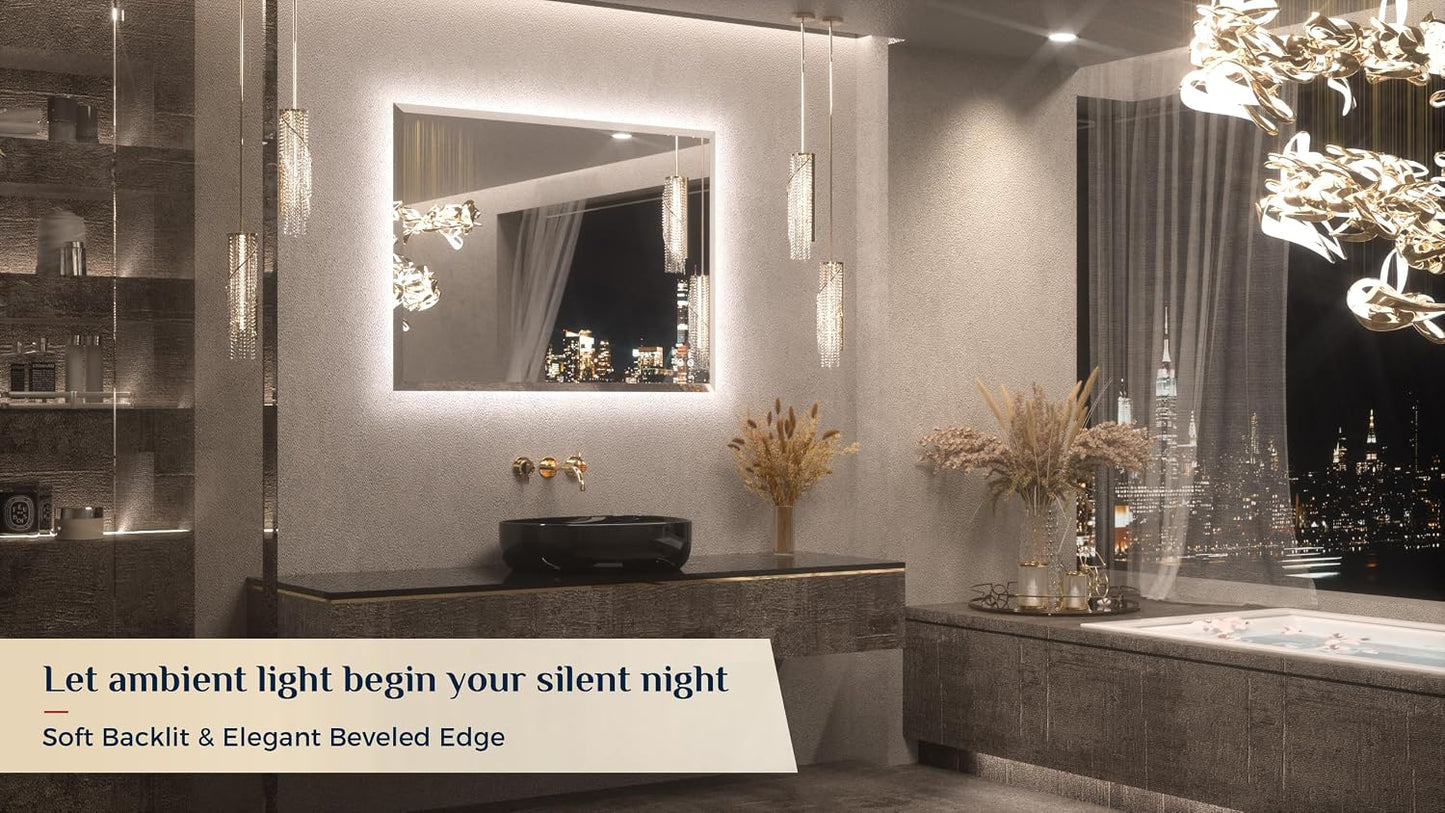 Keonjinn 40"x30" LED Backlit Mirror, Lighted Bathroom Mirrors for Over Sink | Tempered Glass Beveled Edge, Dimmable 3 Color Lights, Defogging, Memory Function, Effortless French Cleat Installation, Salon