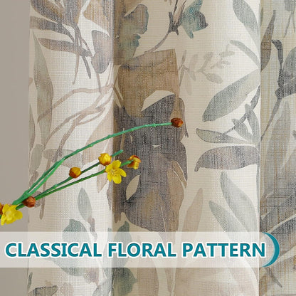 MYSKY HOME Floral Curtains 80 inches Long for Bedroom Patio Sliding Door Light Filtering Privacy Curtains for Wide Window Living Room, 2 PCs, Brown and Natural, 52" Wide