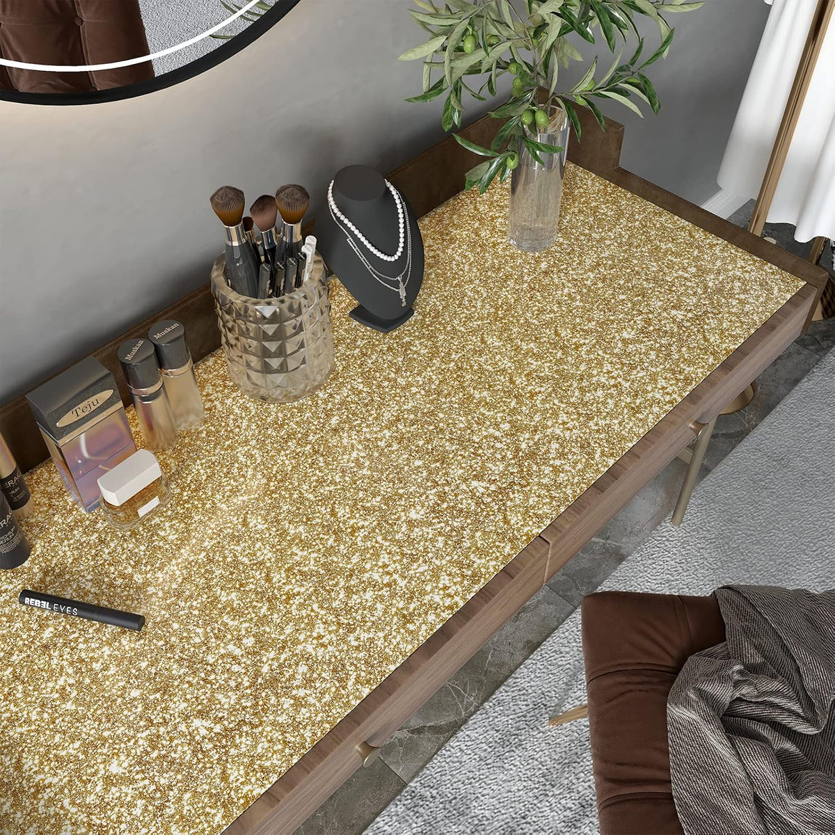 354"x17.7" Glitter Wallpaper Stick and Peel for Bedroom Gold Wallpaper Gold Glitter Wall Paper Removable Wall Covering for Bathroom Sparkle Contact Paper for Cabinets Chunky Sequins Vinyl