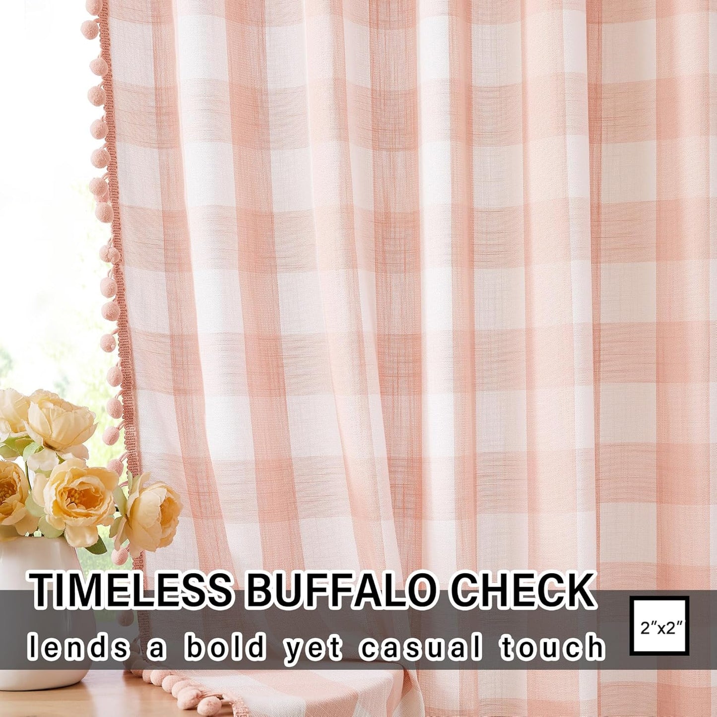 Pompom Buffalo Check Curtains Blush Pink and White Plaid Window Treatment Set for Kitchen Living Room, Dinning, 95 inch Rustic Farmhouse Curtain Drapes for Kids Dorm 42"x95" 2pcs Rod Pocket, Coral