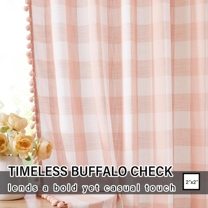 Pompom Buffalo Check Curtains Blush Pink and White Plaid Window Treatment Set for Kitchen Living Room, Dinning, 95 inch Rustic Farmhouse Curtain Drapes for Kids Dorm 42"x95" 2pcs Rod Pocket, Coral