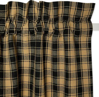Black and Tan French Check Cafe Curtains Woven Cotton 28 Inches W x 30 Inches L, Set of 2