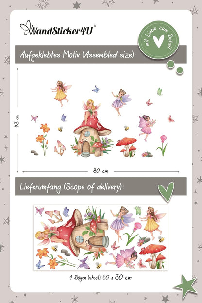 WandSticker4U - Window Stickers Self-Adhesive Fairy & Mushroom House (80 x 43 cm) I Window Sticker Children Girls Fairy Elves Flowers I Window Decoration Children's Room Girls Princess Reusable