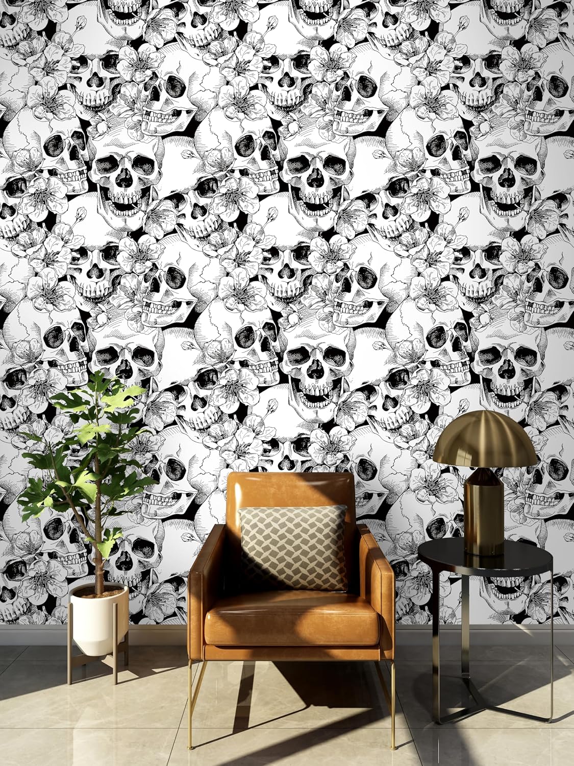 Sugar Skull Floral Peel and Stick Wallpaper - Waterproof, Thick, Self-Adhesive, Removable, Black/White, 17.5" x 393.7"