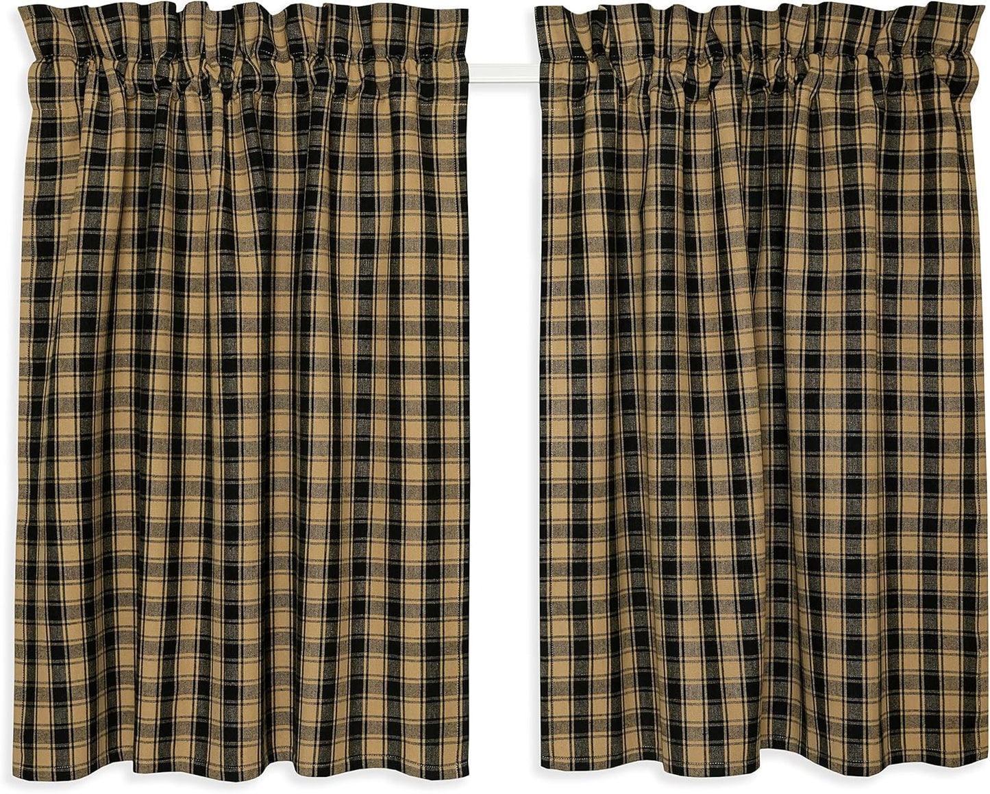 Black and Tan French Check Cafe Curtains Woven Cotton 28 Inches W x 30 Inches L, Set of 2