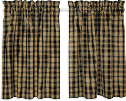 Black and Tan French Check Cafe Curtains Woven Cotton 28 Inches W x 30 Inches L, Set of 2
