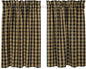 Black and Tan French Check Cafe Curtains Woven Cotton 28 Inches W x 30 Inches L, Set of 2