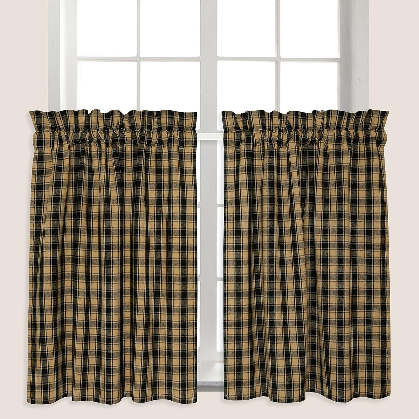 Black and Tan French Check Cafe Curtains Woven Cotton 28 Inches W x 30 Inches L, Set of 2