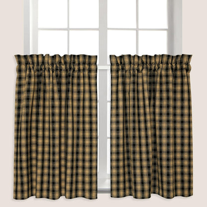 Black and Tan French Check Cafe Curtains Woven Cotton 28 Inches W x 30 Inches L, Set of 2
