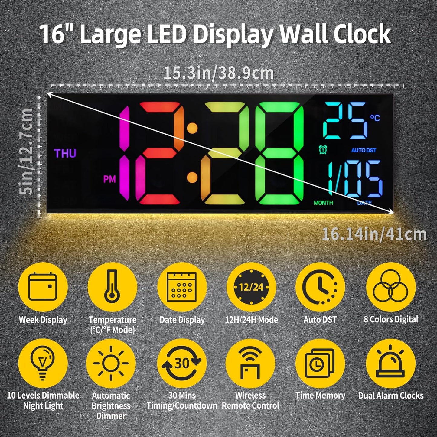HAITANG 8 Colors Digital Wall Clock, 16.2" Large Digital Clock with Temperature, Date, Auto DST, Night Light, Auto Brightness Dimmer, 24/12-hour Wall Clock for Living Room Office Classroom Gym