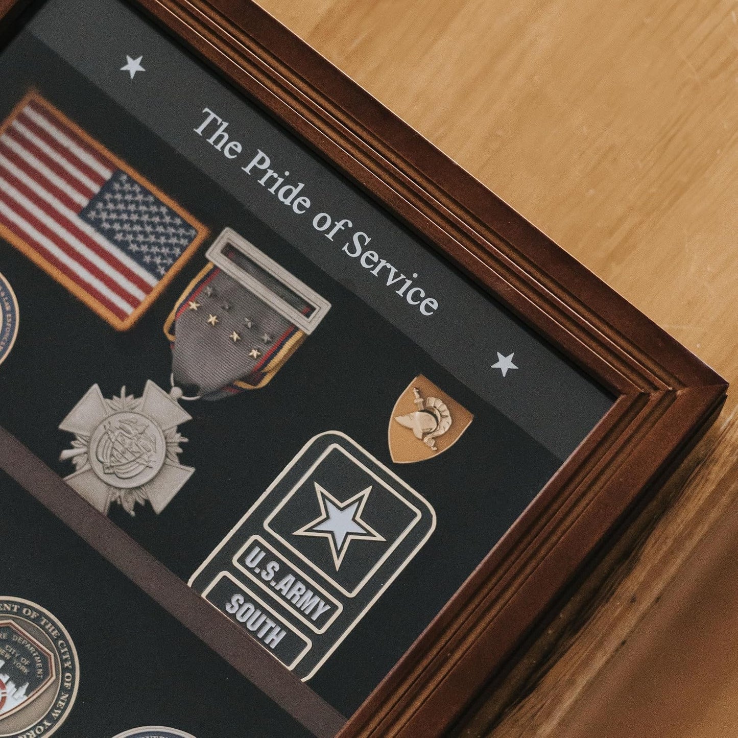 Treevers Large Challenge Coin Display Case - Pride of Service Engraved Edition - 17-Slot Military Shadow Box for Army, Navy & Police - Solid Wood Cabinet with Lockable Crystal-Clear Door & Wall Mount