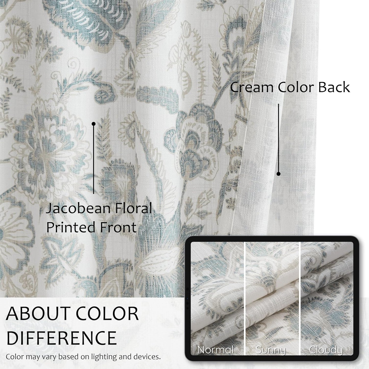 Kayne Studio Jacobean Floral Pinch Pleated Light Filtering Curtains 84 Inch | Blue Grey Boho Botanical Leaf Printed Vintage Farmhouse Drapes,Living Room Bedroom Back Tab Window Treatment,40"x84",2 Panels